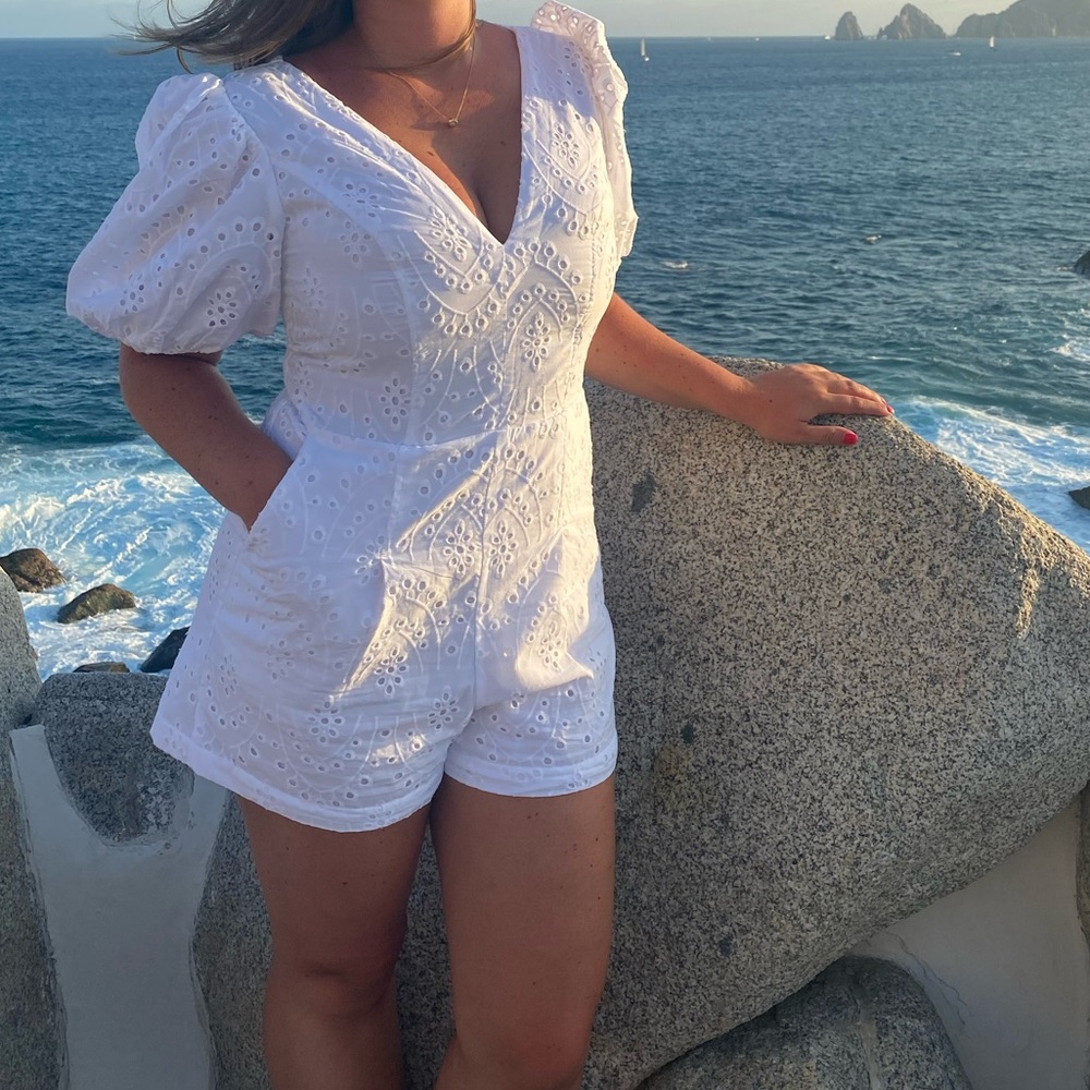 Eyelet romper with poof sleeve